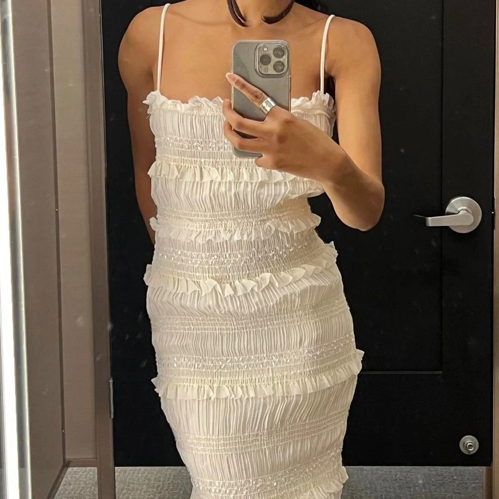 White ruched smocked midi maxi ruffle tiered dress - Picture 7 of 11